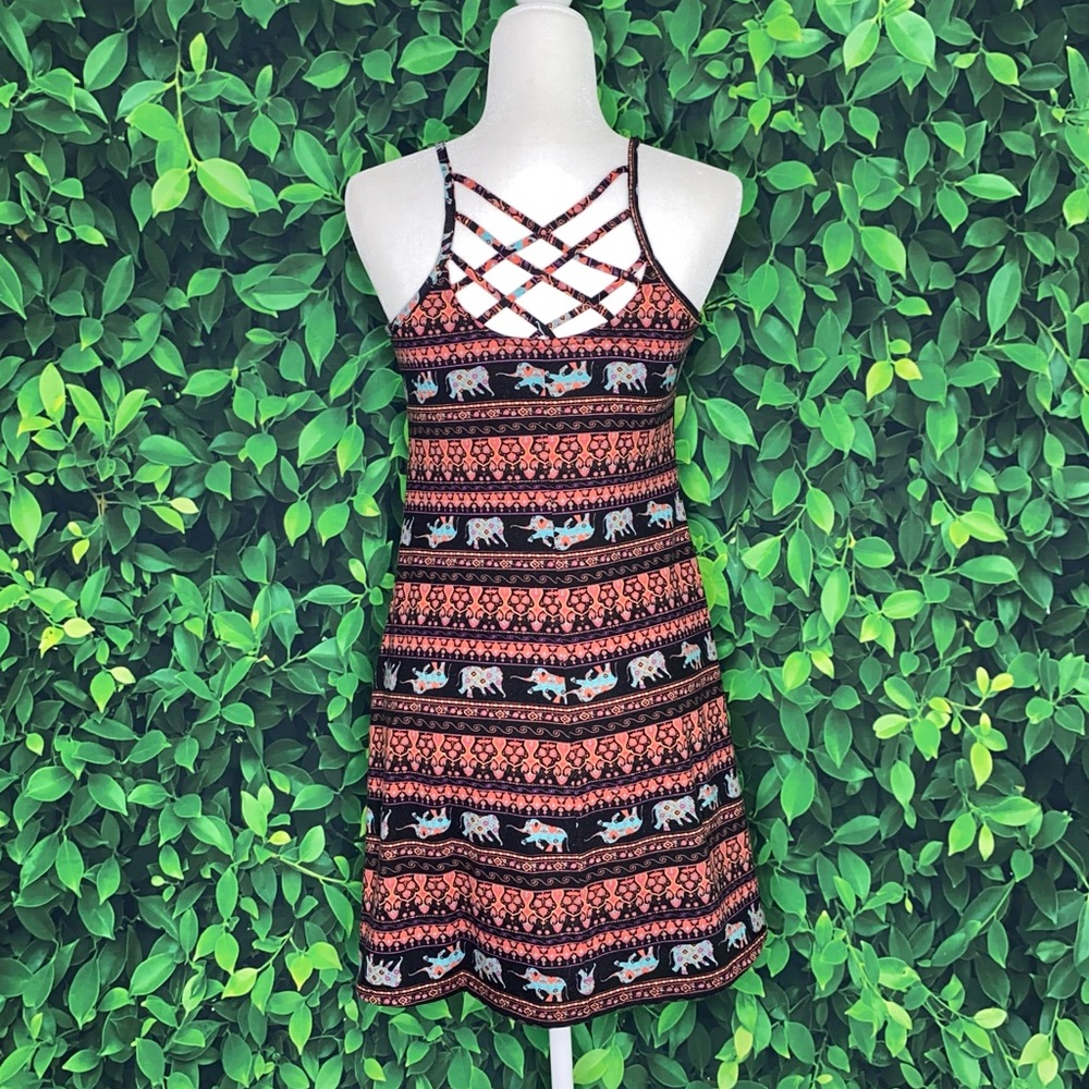Boho Elephant Patterned Dress W/ Back Crisscross … - image 3